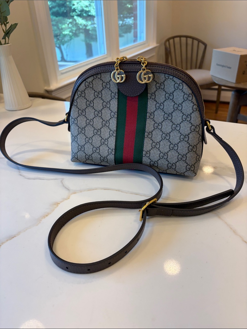 Gucci GG Supreme Mini Dome Crossbody in Brown Beige with Green-Red Stripe